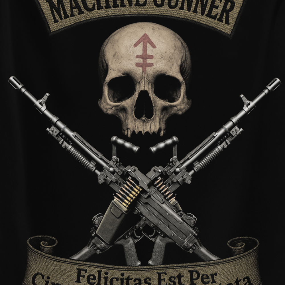 Close up front view of all over print vertical banner flag from Achilles Tactical Clothing Brand with Machine Gunner design