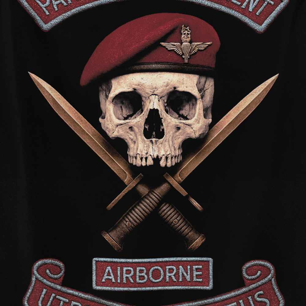 Close up front view of all over print vertical banner flag from Achilles Tactical Clothing Brand with Parachute Regiment Airborne design