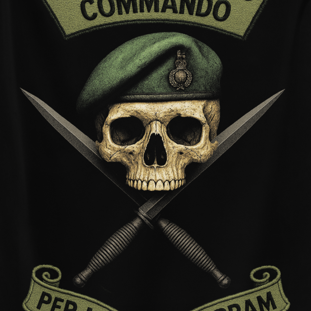 Close up of front view of all over print vertical banner flag from Achilles Tactical Clothing Brand with Royal Marines Commando design