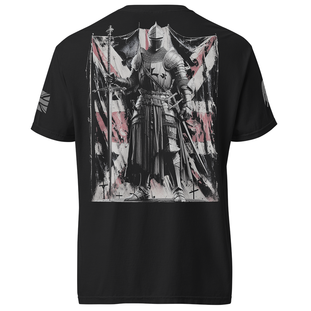 Back view of Black short sleeve unisex fit classic cotton T-Shirt by Achilles Tactical Clothing Brand printed with Large British Knight design across back