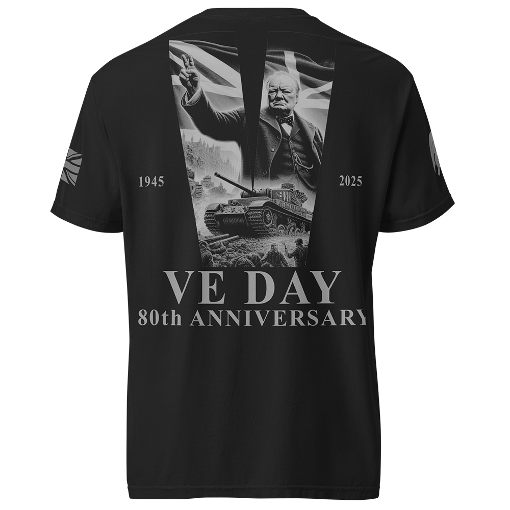 Back view of Black short sleeve unisex fit classic cotton T-Shirt by Achilles Tactical Clothing Brand printed with Large VE DAY 80 design across back