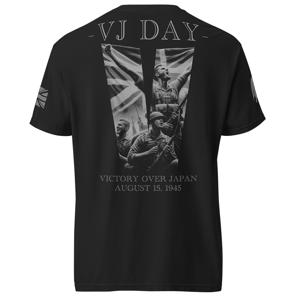 Back view of Black short sleeve unisex fit classic cotton T-Shirt by Achilles Tactical Clothing Brand printed with Large VJ DAY design across back