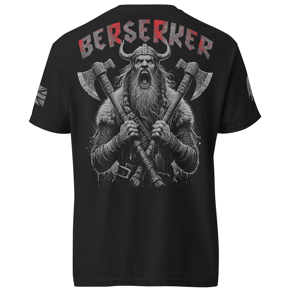 Back view of Black short sleeve unisex fit classic cotton T-Shirt by Achilles Tactical Clothing Brand printed with Large Berserker design across back