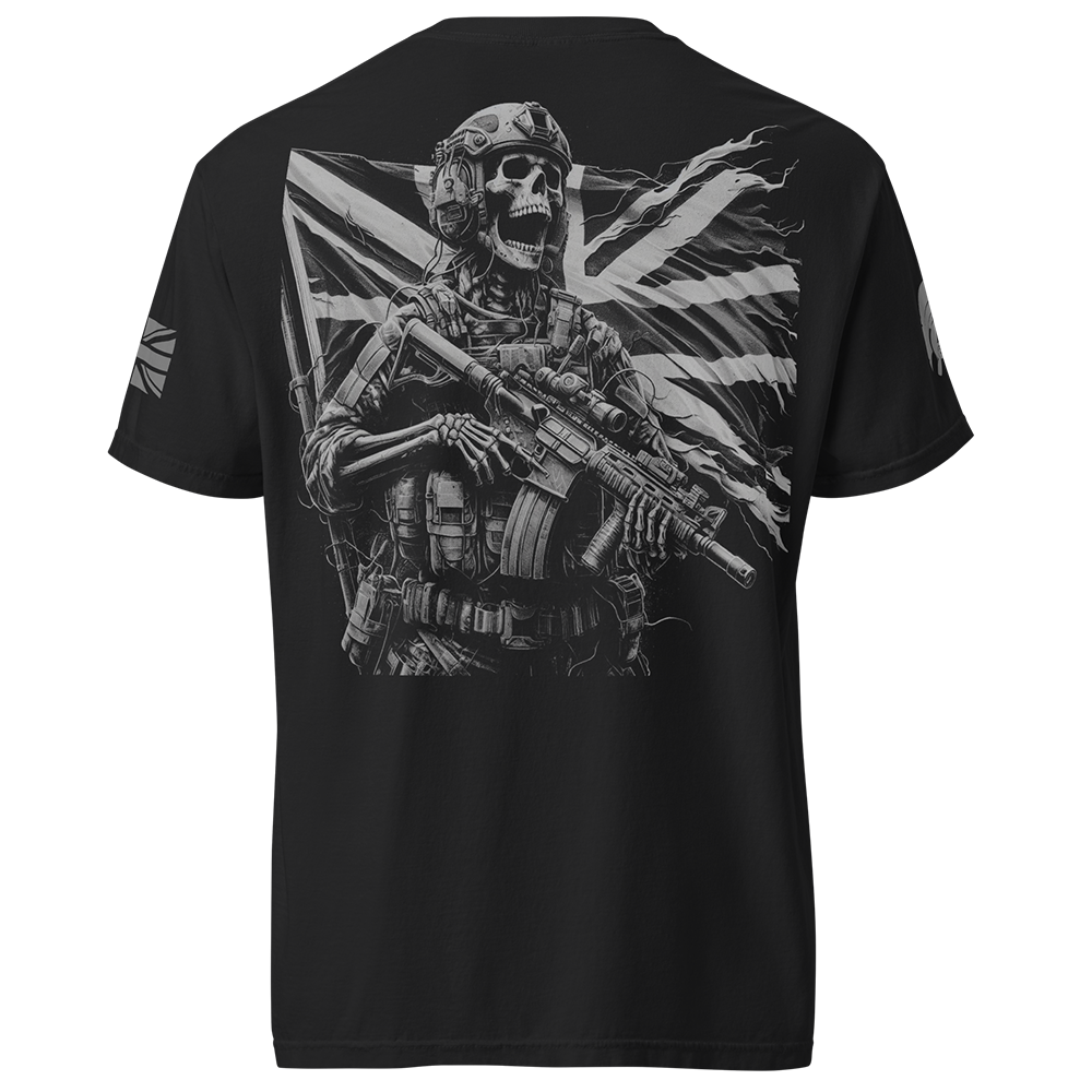 Back view of Black short sleeve unisex fit classic cotton T-Shirt by Achilles Tactical Clothing Brand printed with Large Defending the flag design across back