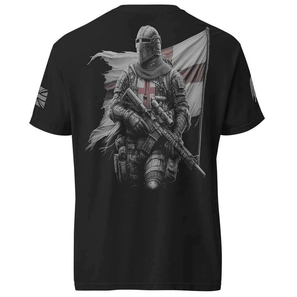 Back view of Black short sleeve unisex fit classic cotton T-Shirt by Achilles Tactical Clothing Brand printed with Large English Knight II design across back