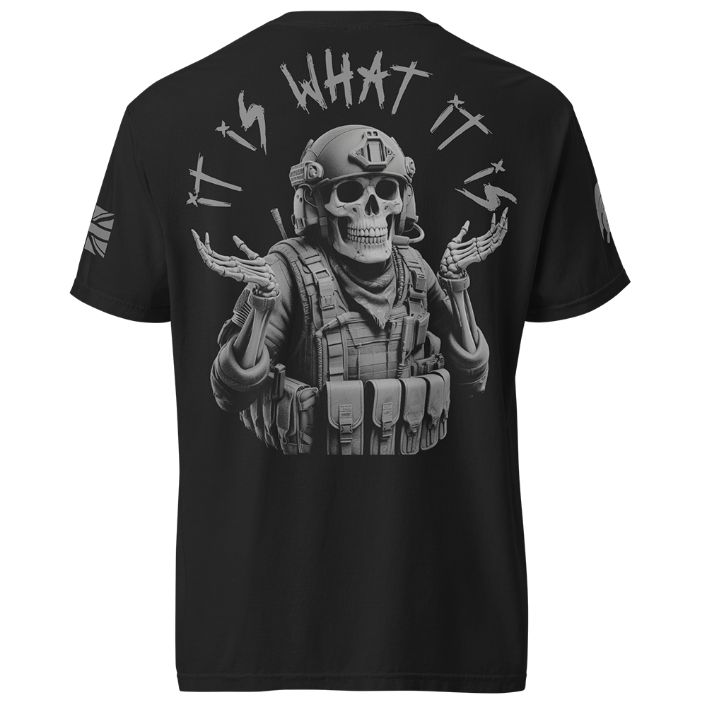 Back view of Black short sleeve unisex fit classic cotton T-Shirt by Achilles Tactical Clothing Brand printed with Large it is what it is design across back