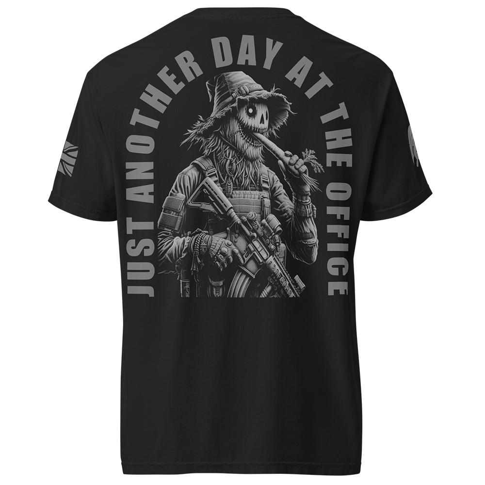 Back view of Black short sleeve unisex fit classic cotton T-Shirt by Achilles Tactical Clothing Brand printed with Large Just Another Day at the Office carrot Cruncher design across back