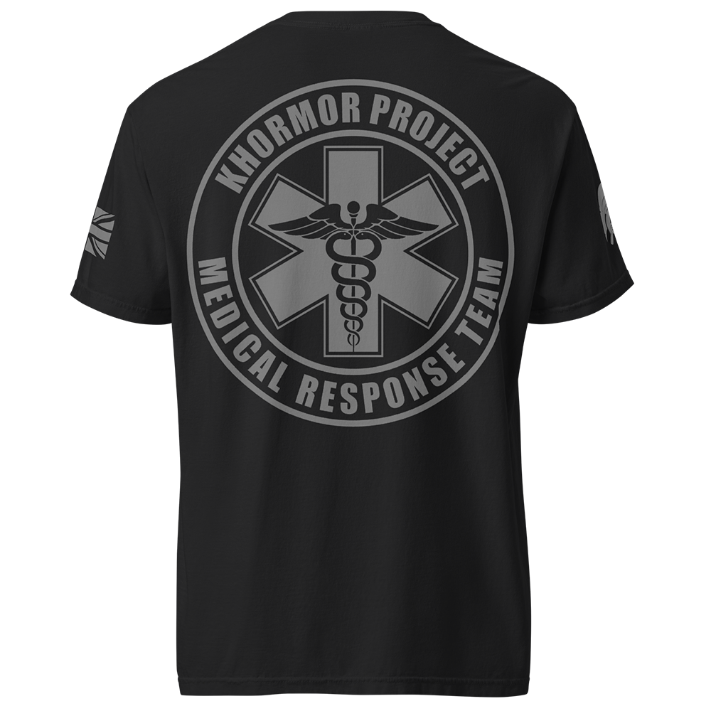 Back view of Black short sleeve unisex fit classic cotton T-Shirt by Achilles Tactical Clothing Brand printed with Large Khormor Project design across back