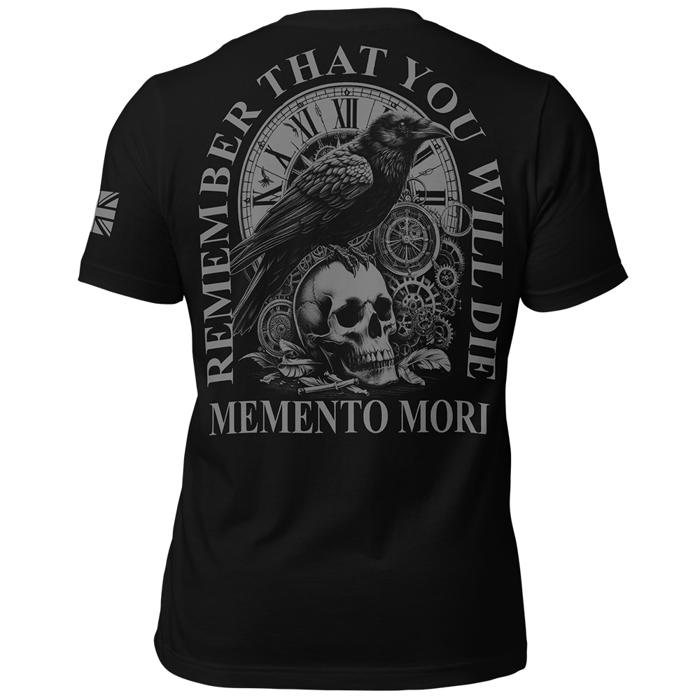 Back view of Black short sleeve unisex fit original cotton T-Shirt by Achilles Tactical Clothing Brand printed with Memento Mori design across back