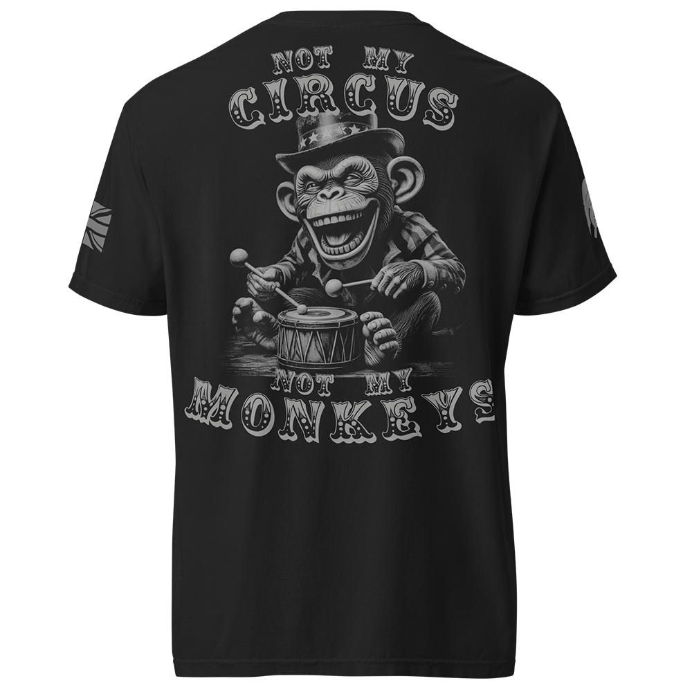 Back view of Black short sleeve unisex fit classic cotton T-Shirt by Achilles Tactical Clothing Brand printed with Large Not my circus not my monkeys design across back