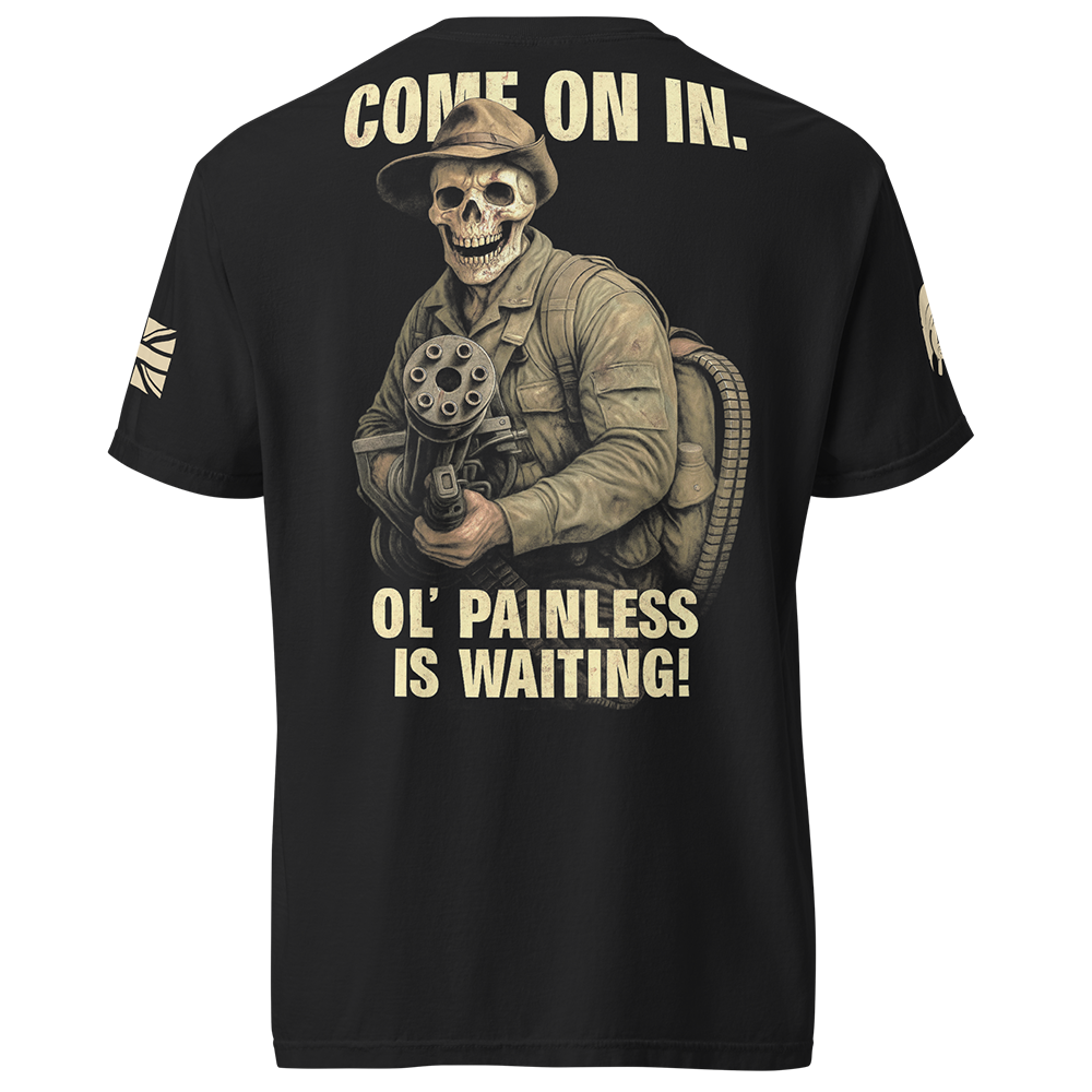 Back view of Black short sleeve unisex fit classic cotton T-Shirt by Achilles Tactical Clothing Brand printed with Large Ol Painless design across back