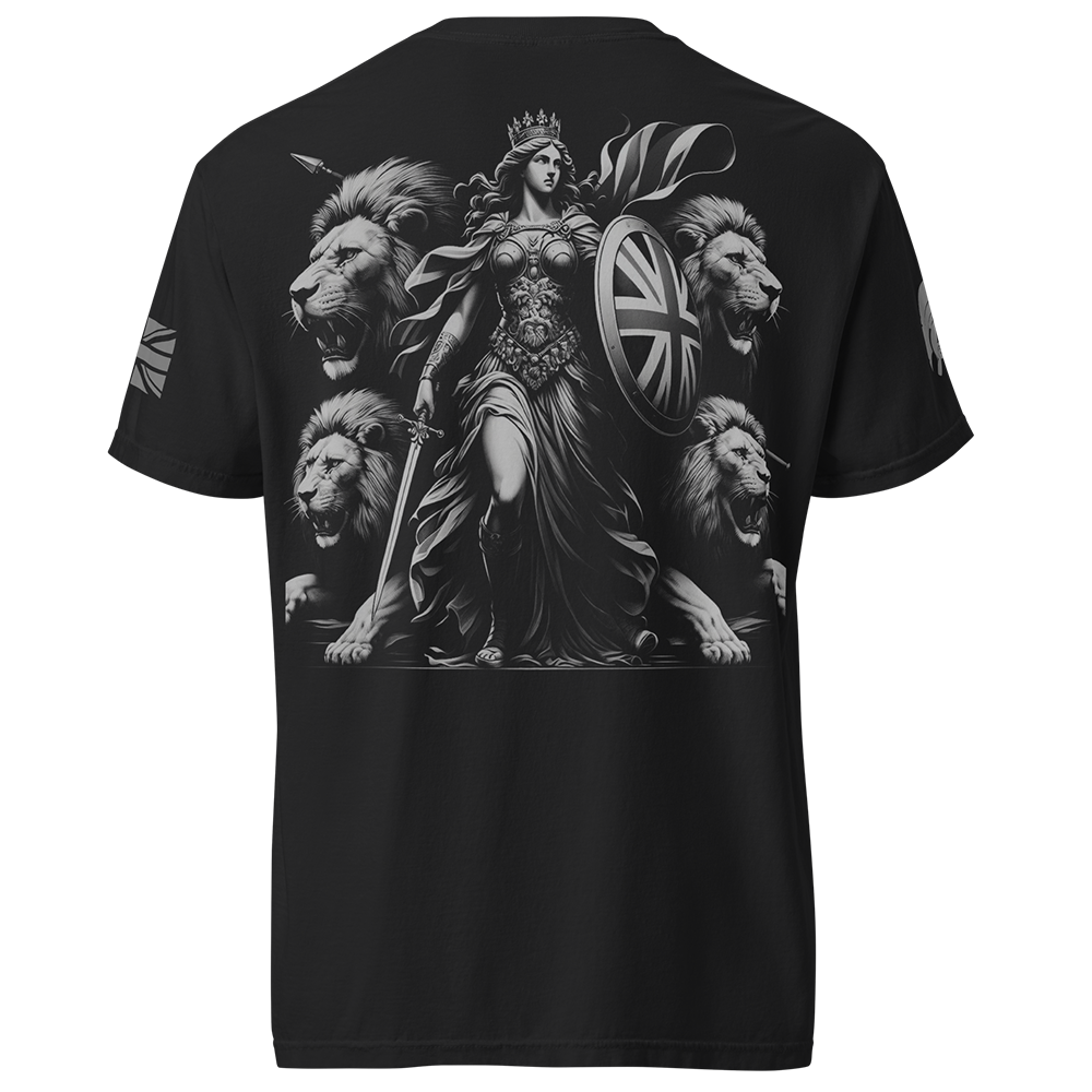 Back view of Black short sleeve unisex fit classic cotton T-Shirt by Achilles Tactical Clothing Brand printed with Large Our Lady Britannia design across back