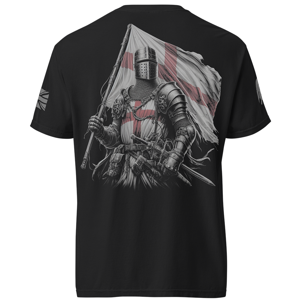 Back view of Black short sleeve unisex fit classic cotton T-Shirt by Achilles Tactical Clothing Brand printed with Large English Knight design across back