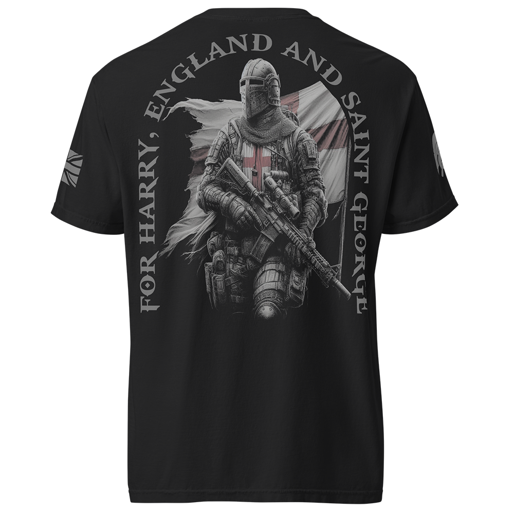 Back view of Black short sleeve unisex fit classic cotton T-Shirt by Achilles Tactical Clothing Brand printed with Large Saint George II design across back