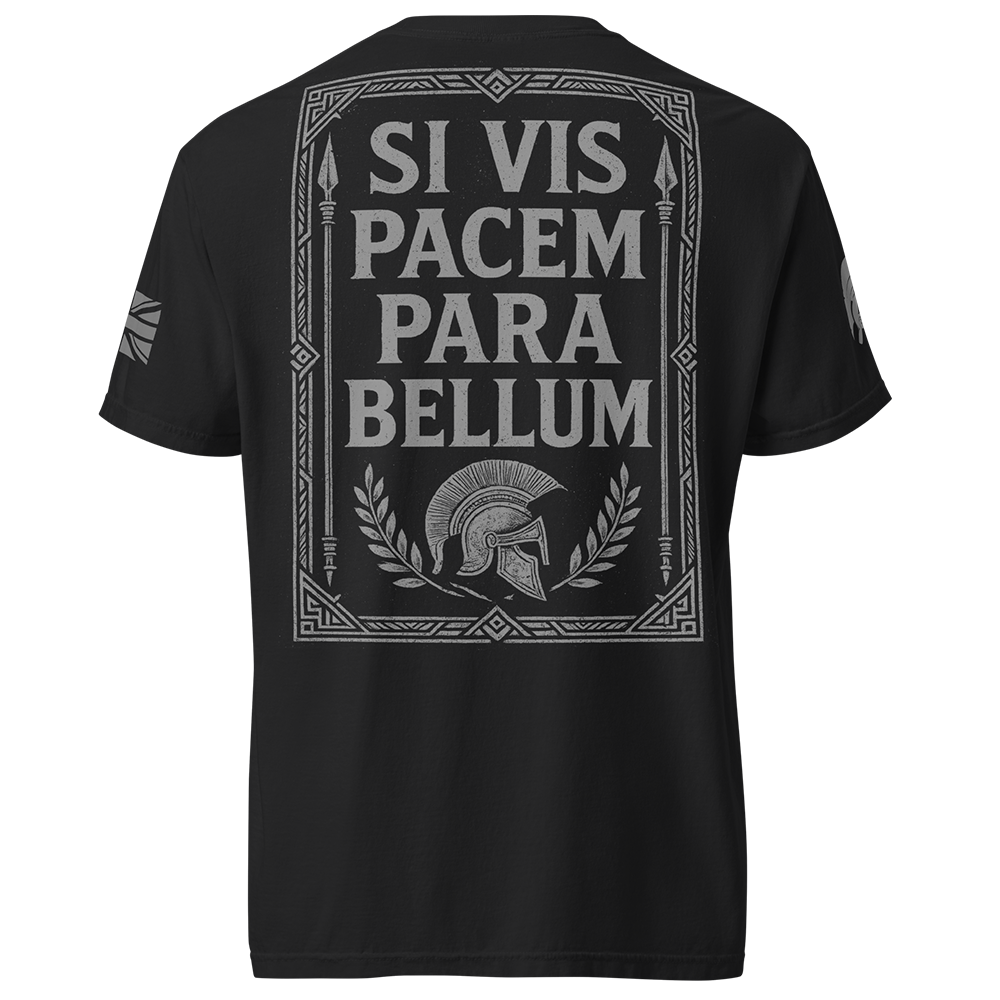 Back view of Black short sleeve unisex fit classic cotton T-Shirt by Achilles Tactical Clothing Brand printed with Large Si Vis Pacem design across back