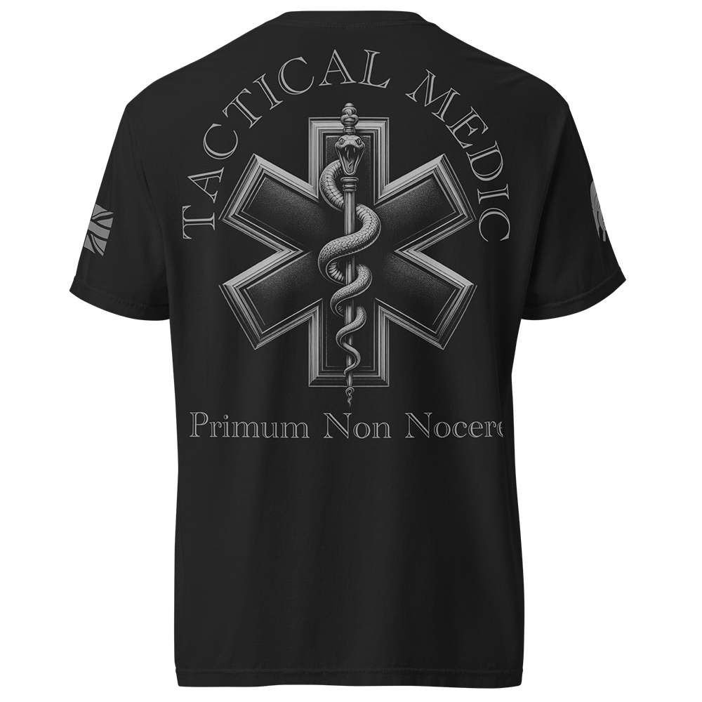 Back view of Black short sleeve unisex fit classic cotton T-Shirt by Achilles Tactical Clothing Brand printed with Large Tactical Medic I First Do No Harm design across back