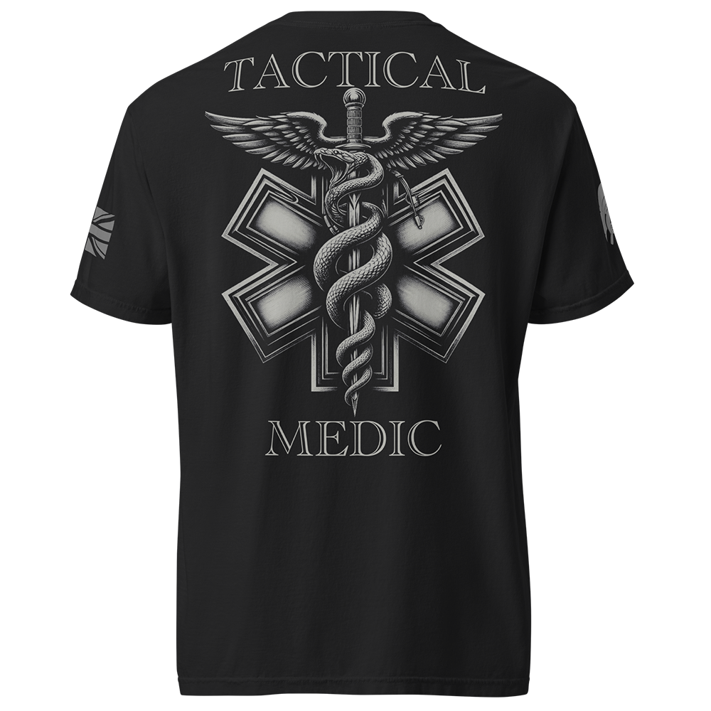 Back view of Black short sleeve unisex fit classic cotton T-Shirt by Achilles Tactical Clothing Brand printed with Large Tactical Medic II design across back