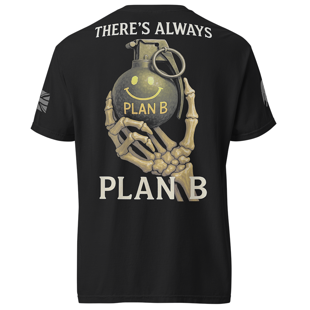 Back view of Black short sleeve unisex fit classic cotton T-Shirt by Achilles Tactical Clothing Brand printed with Large There's Always Plan B design across back
