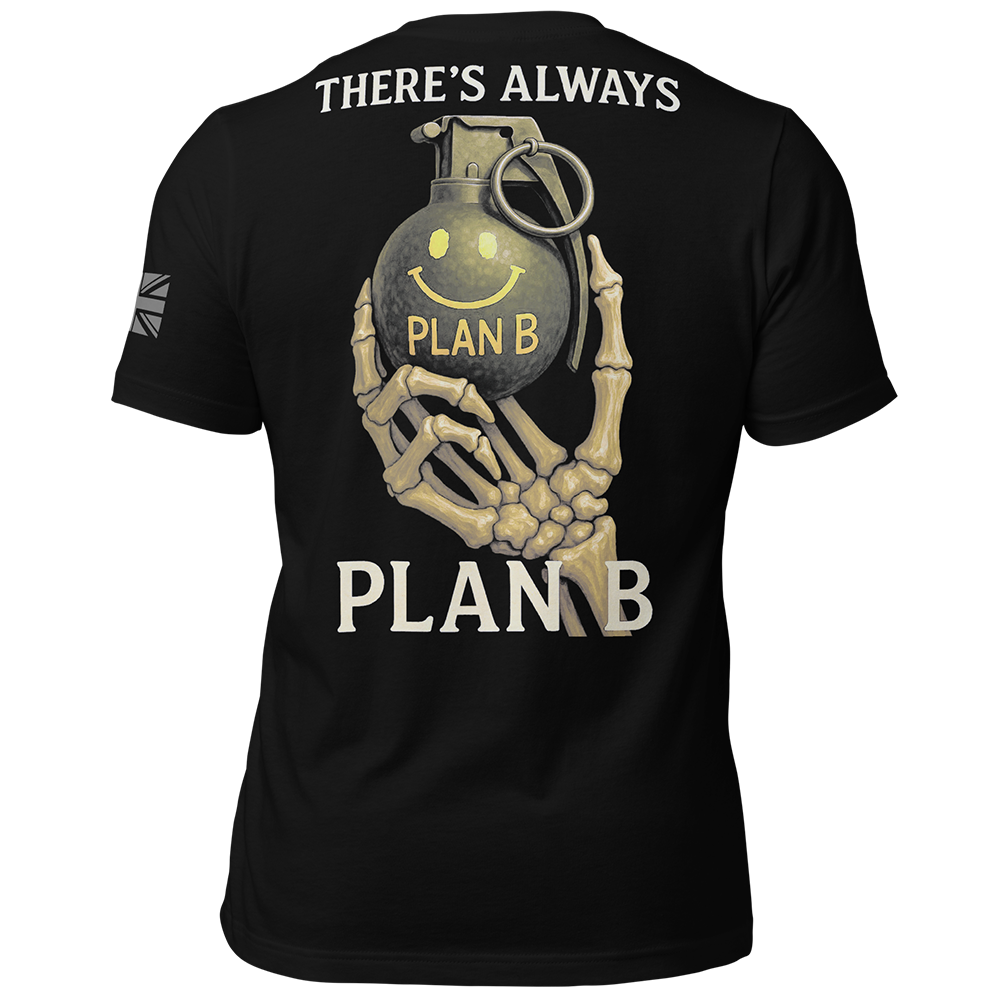 Back view of Black short sleeve unisex fit original cotton T-Shirt by Achilles Tactical Clothing Brand printed with There's always plan B design across back
