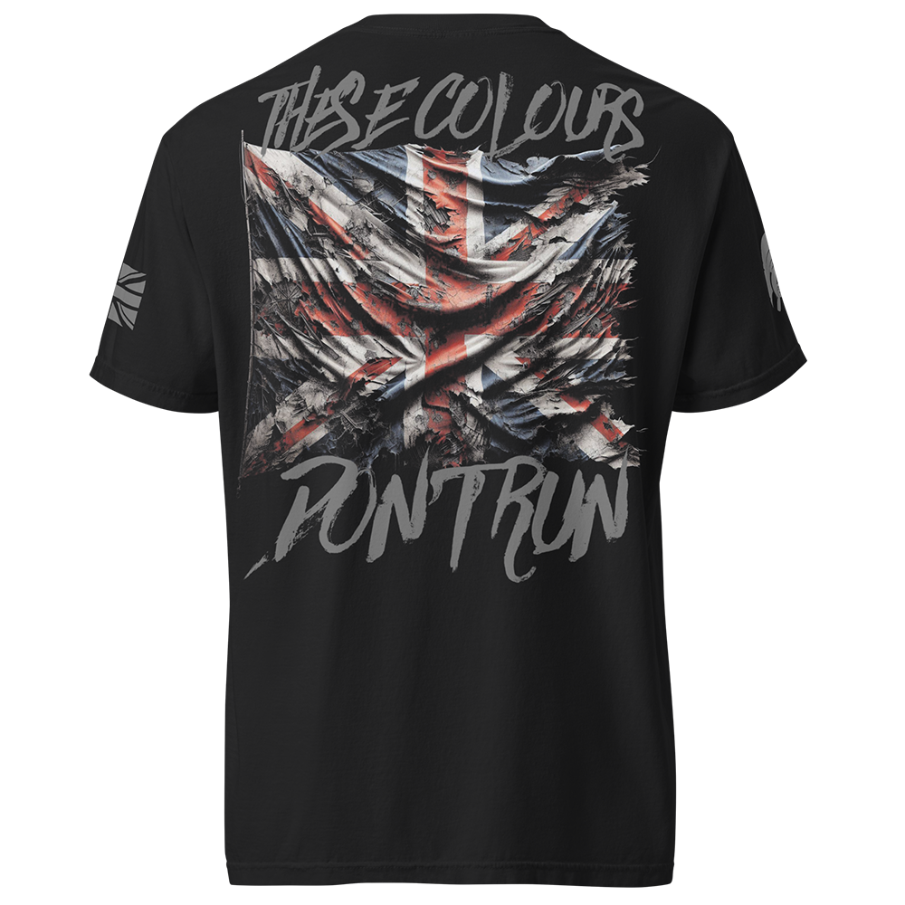 Back view of Black short sleeve unisex fit classic cotton T-Shirt by Achilles Tactical Clothing Brand printed with Large These Colours Don't Run design across back