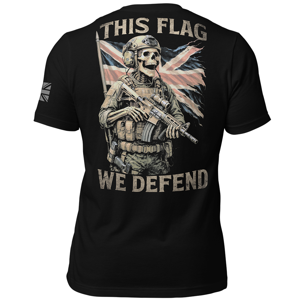 Back view of Black short sleeve unisex fit original cotton T-Shirt by Achilles Tactical Clothing Brand printed with This flag we defend design across back