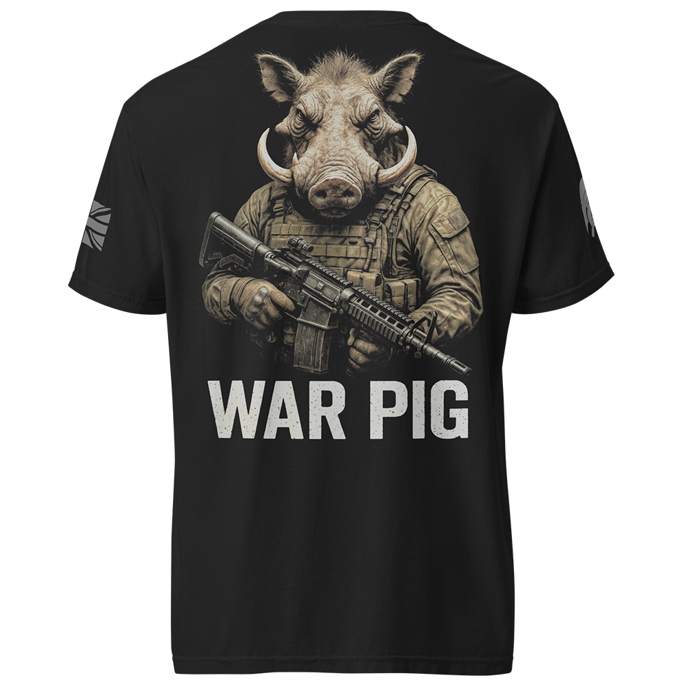 Back view of Black short sleeve unisex fit classic cotton T-Shirt by Achilles Tactical Clothing Brand printed with Large War pig design across back