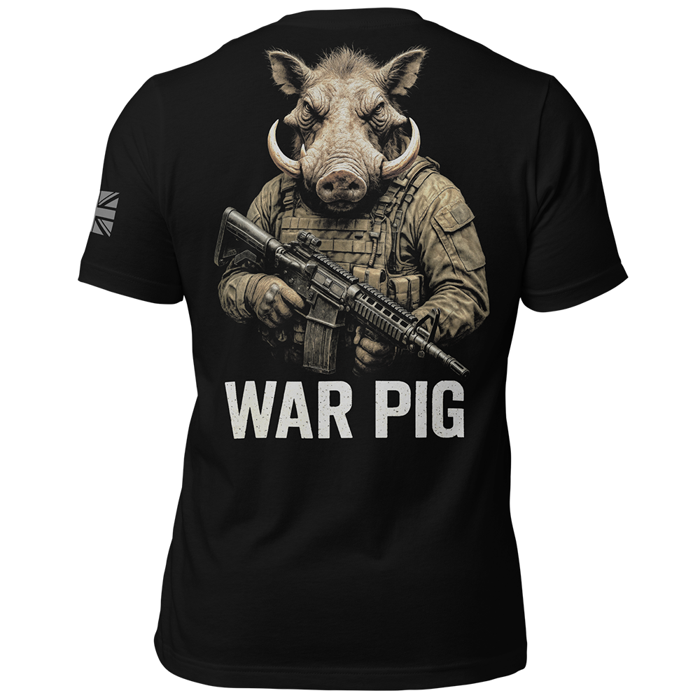 Back view of Black short sleeve unisex fit original cotton T-Shirt by Achilles Tactical Clothing Brand printed with War Pig design across back
