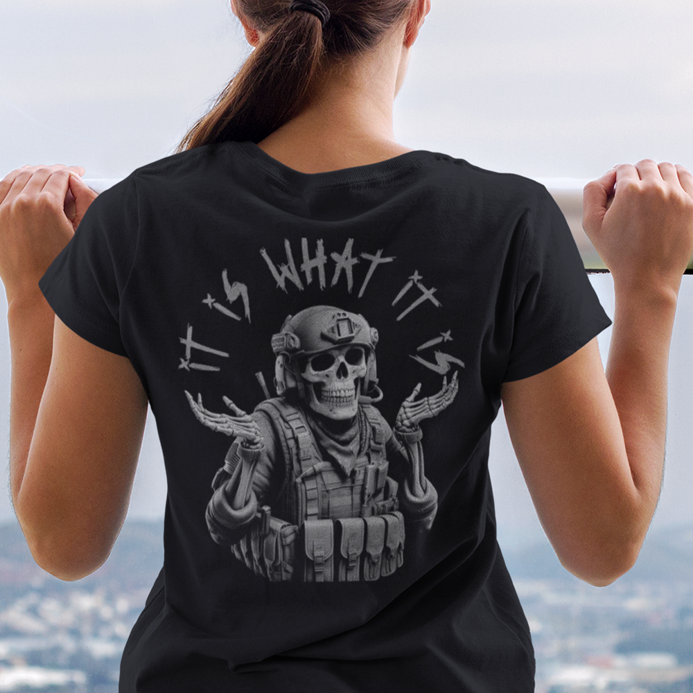 Back view of woman wearing Black short sleeve unisex fit classic cotton T-Shirt by Achilles Tactical Clothing Brand printed with Large it is what it is design across back