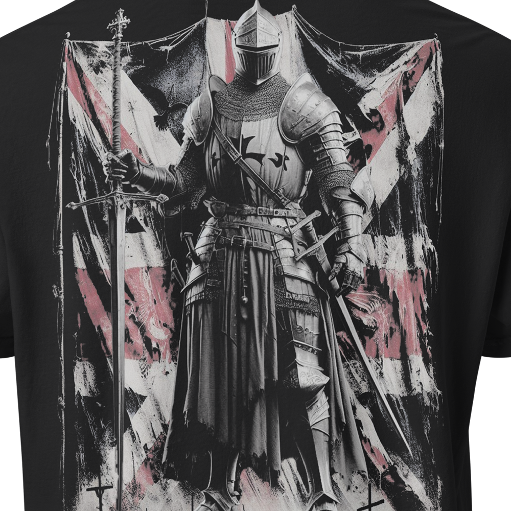 Close up of back centre of Black short sleeve unisex fit classic cotton T-Shirt by Achilles Tactical Clothing Brand printed with Large British Knight design across back