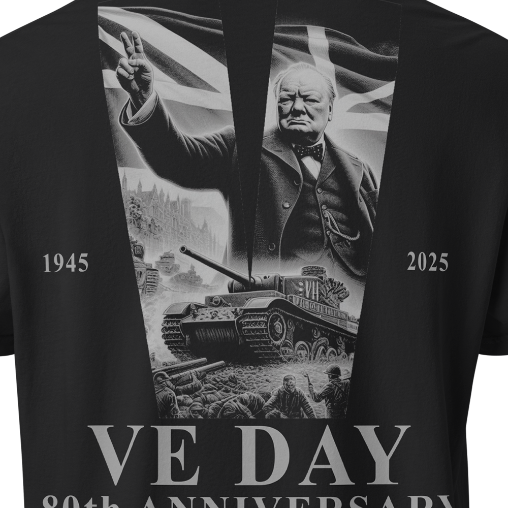 Close up of back view of Black short sleeve unisex fit classic cotton T-Shirt by Achilles Tactical Clothing Brand printed with Large VE DAY 80 design across back