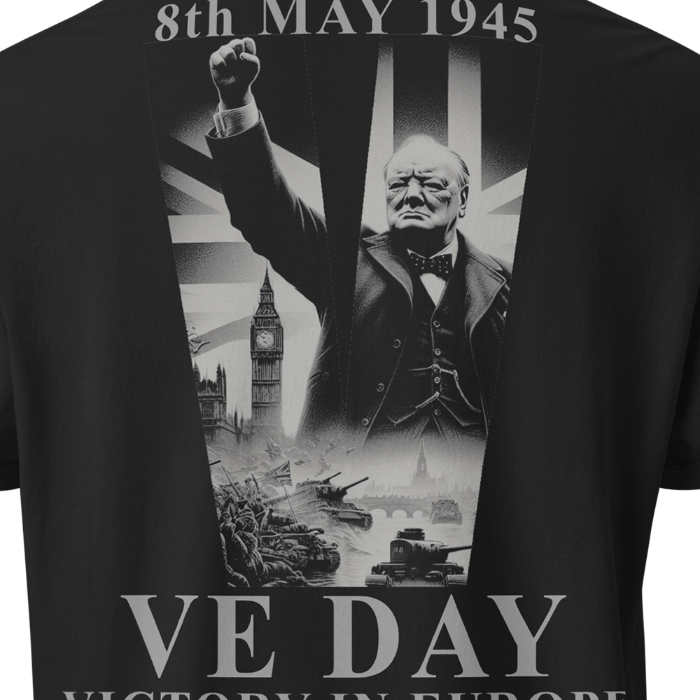 Close up of back view of Black short sleeve unisex fit classic cotton T-Shirt by Achilles Tactical Clothing Brand printed with Large VE DAY design across back