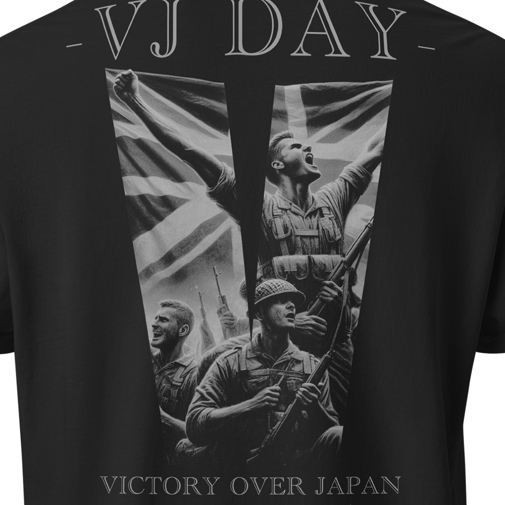 Close up of back view of Black short sleeve unisex fit classic cotton T-Shirt by Achilles Tactical Clothing Brand printed with Large VJ DAY design across back