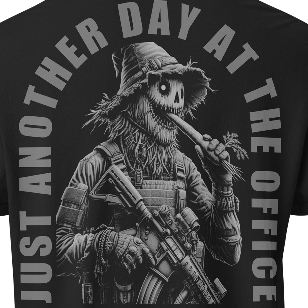 Close up of back view of Black short sleeve unisex fit classic cotton T-Shirt by Achilles Tactical Clothing Brand printed with Large Just Another Day at the Office carrot Cruncher design across back