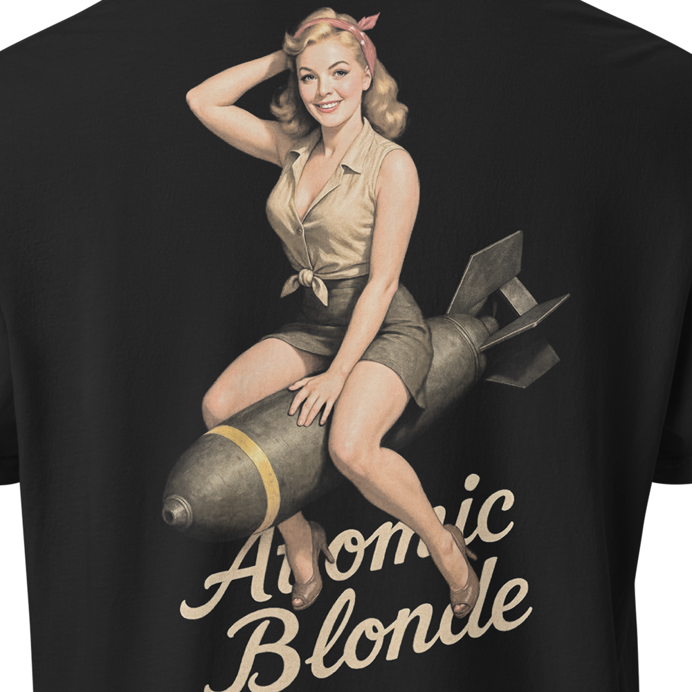 Close up of back centre of Black short sleeve unisex fit classic cotton T-Shirt by Achilles Tactical Clothing Brand printed with Large Atomic Bomb design across back