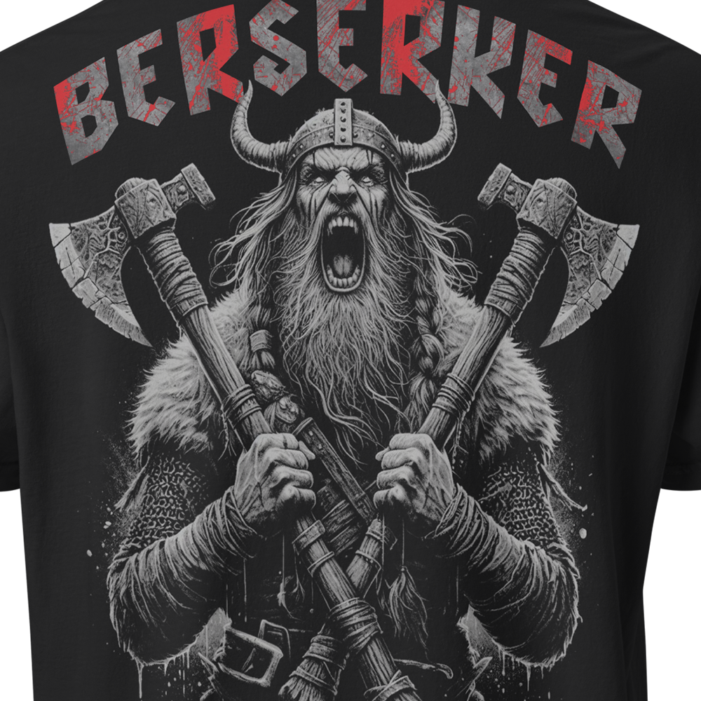 Close up of back view of Black short sleeve unisex fit classic cotton T-Shirt by Achilles Tactical Clothing Brand printed with Large Berserker design across back