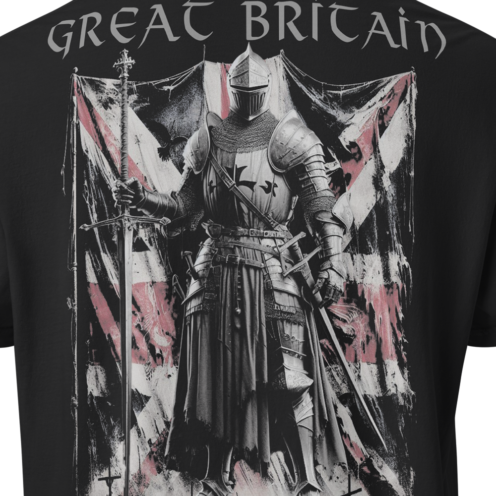 Close up of back centre of Black short sleeve unisex fit classic cotton T-Shirt by Achilles Tactical Clothing Brand printed with Large Great Britain design across back