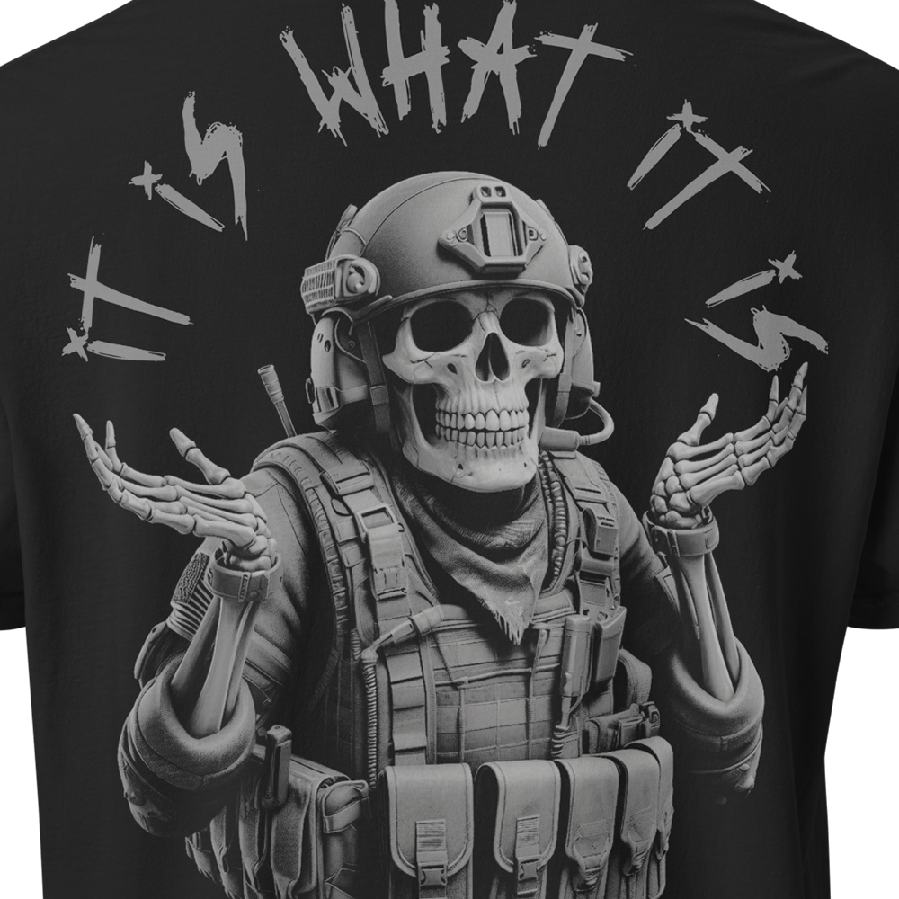 Close up of back view of Black short sleeve unisex fit classic cotton T-Shirt by Achilles Tactical Clothing Brand printed with Large it is what it is design across back