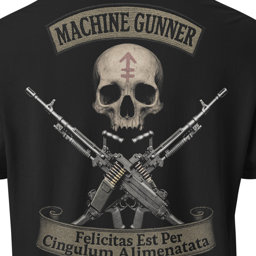 Close up of back centre of Black short sleeve unisex fit classic cotton T-Shirt by Achilles Tactical Clothing Brand printed with Large machine gunner design across back