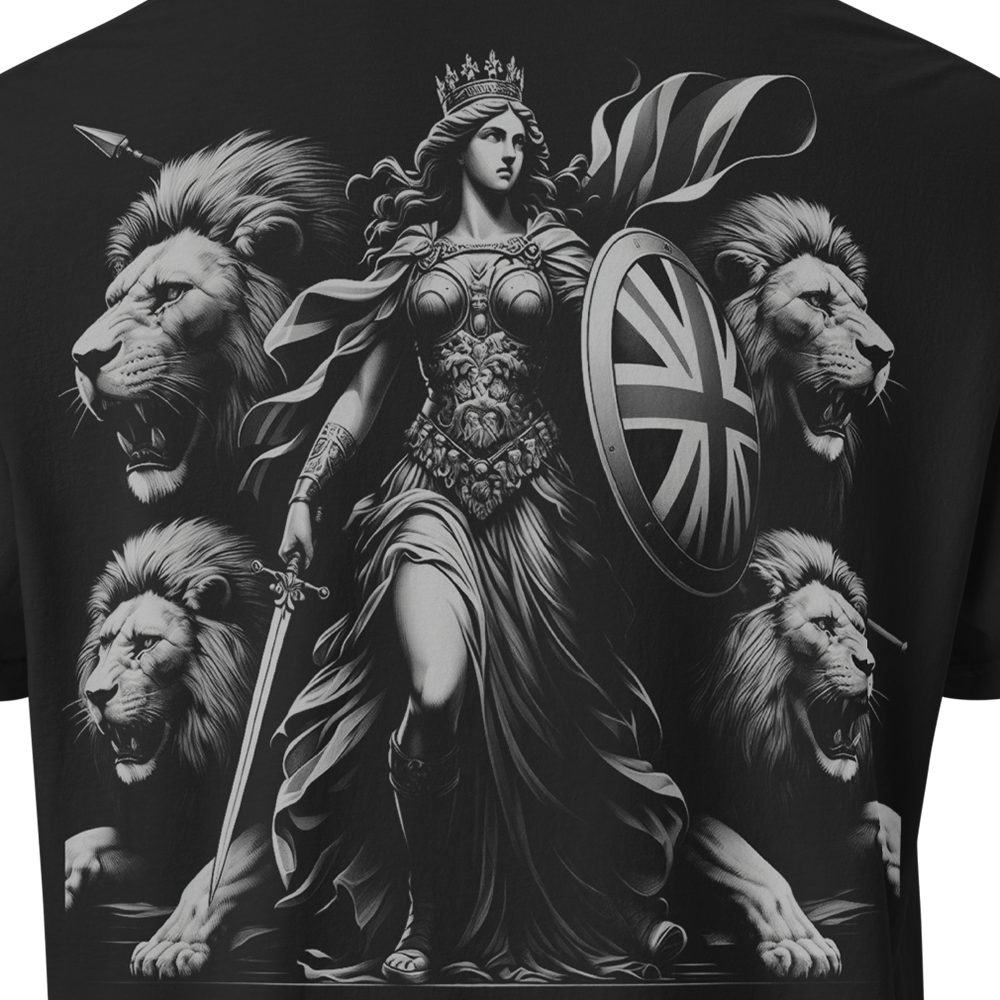 Close up of back view of Black short sleeve unisex fit classic cotton T-Shirt by Achilles Tactical Clothing Brand printed with Large Our Lady Britannia design across back