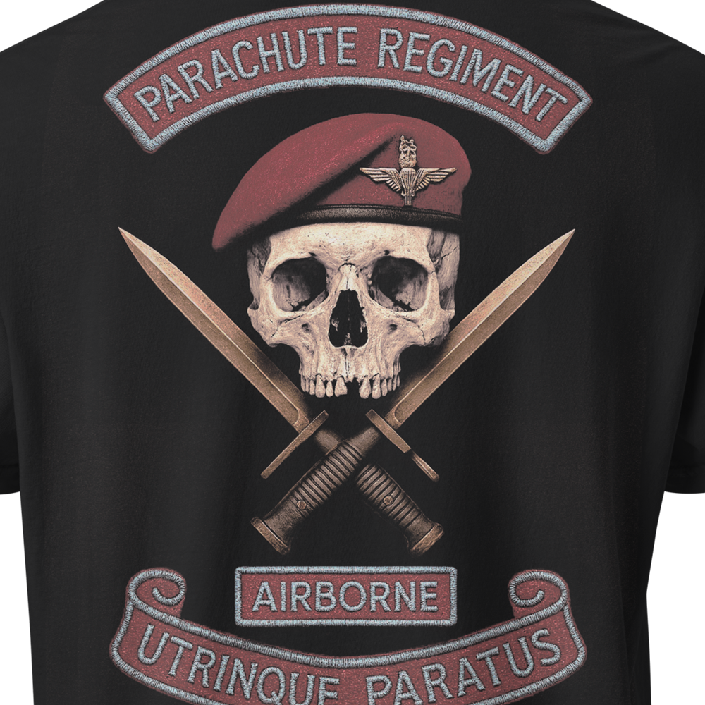 Close up of back centre of Black short sleeve unisex fit classic cotton T-Shirt by Achilles Tactical Clothing Brand printed with Large Parachute Regiment Airborne design across back