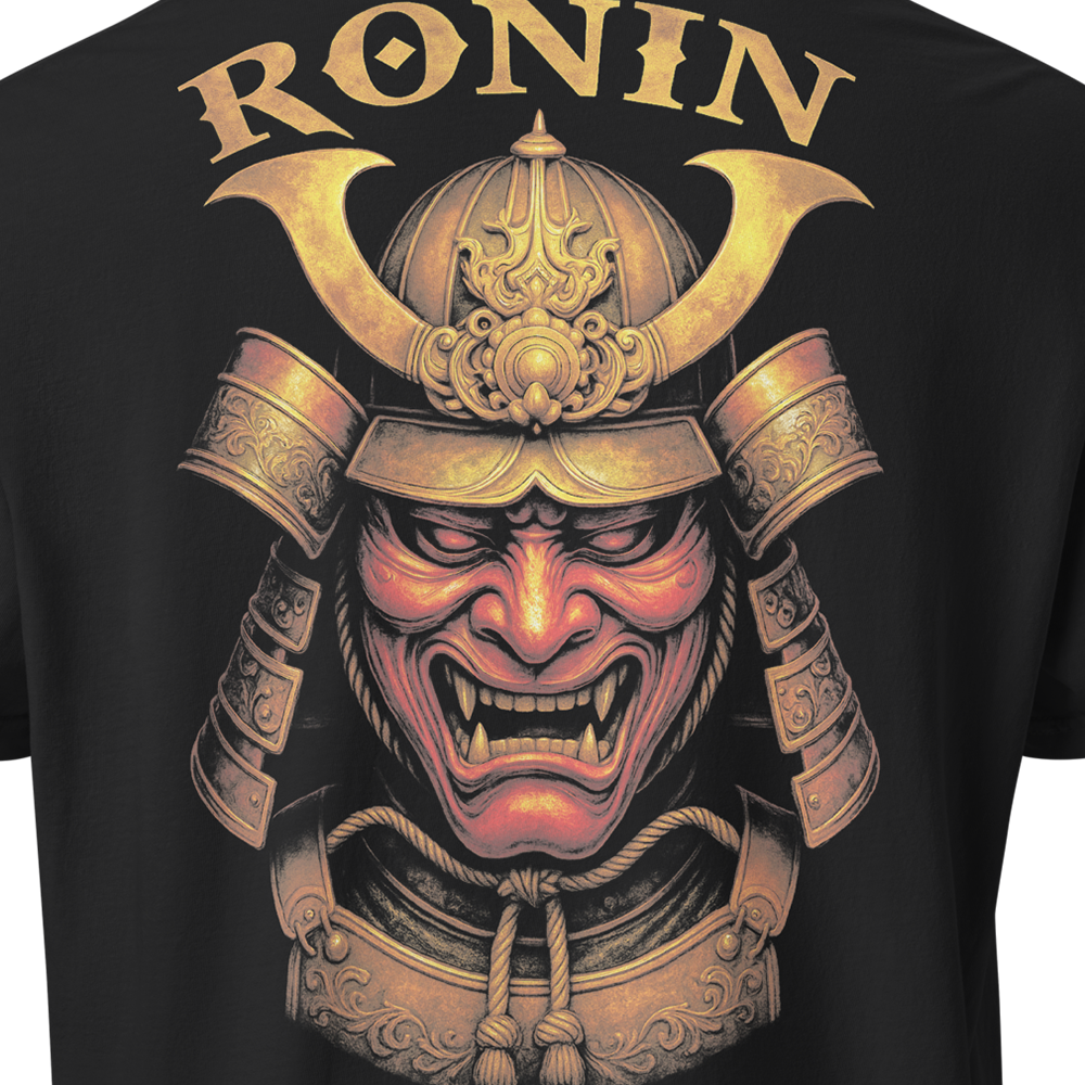 Close up of back centre of Black short sleeve unisex fit classic cotton T-Shirt by Achilles Tactical Clothing Brand printed with Large Ronin design across back
