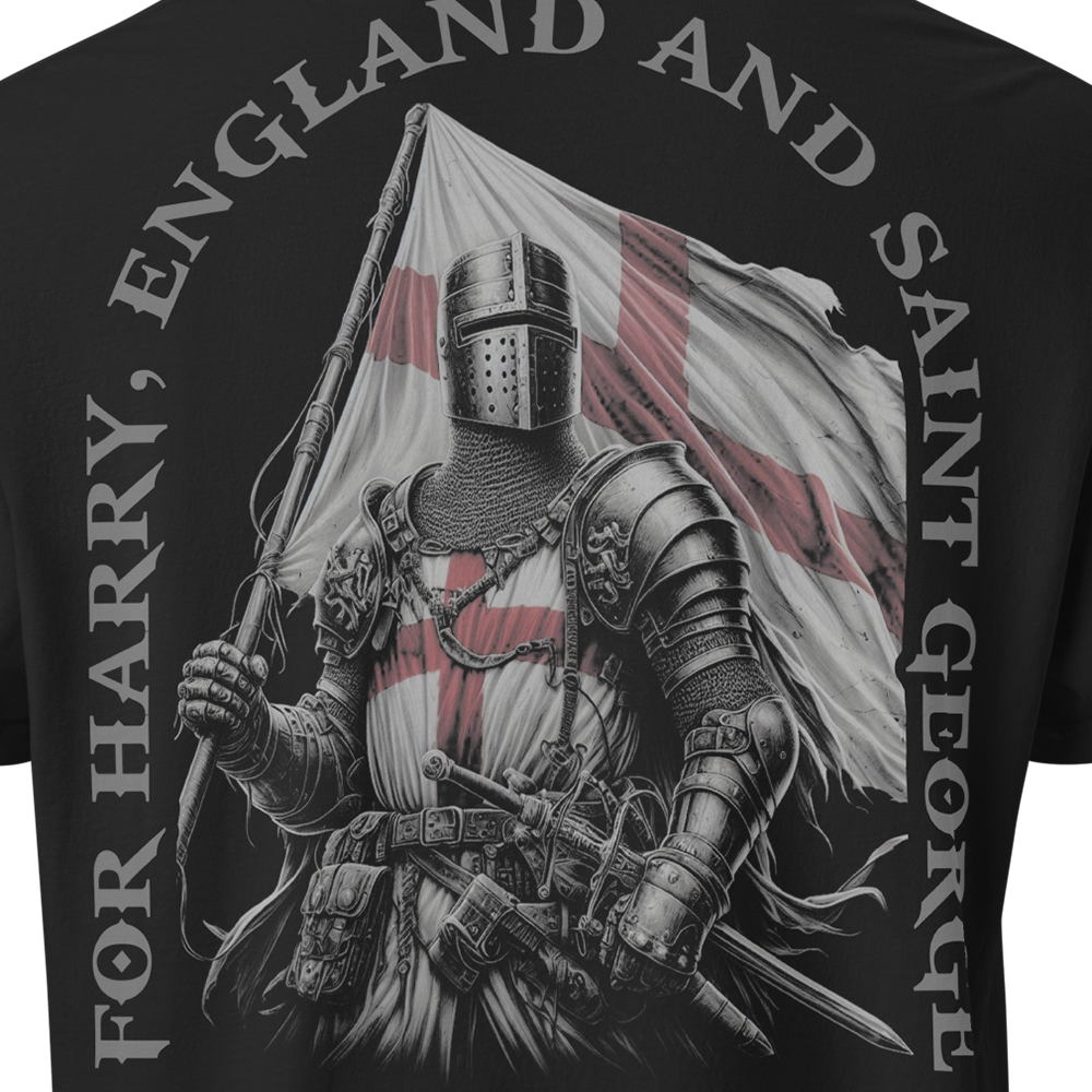 Close up of back view of Black short sleeve unisex fit classic cotton T-Shirt by Achilles Tactical Clothing Brand printed with Large Saint George design across back