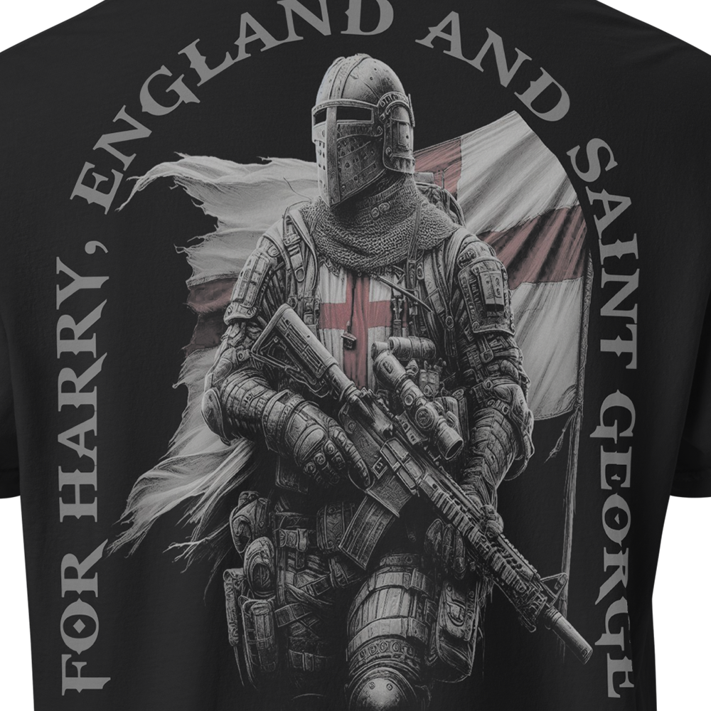 Close up of back view of Black short sleeve unisex fit classic cotton T-Shirt by Achilles Tactical Clothing Brand printed with Large Saint George II design across back