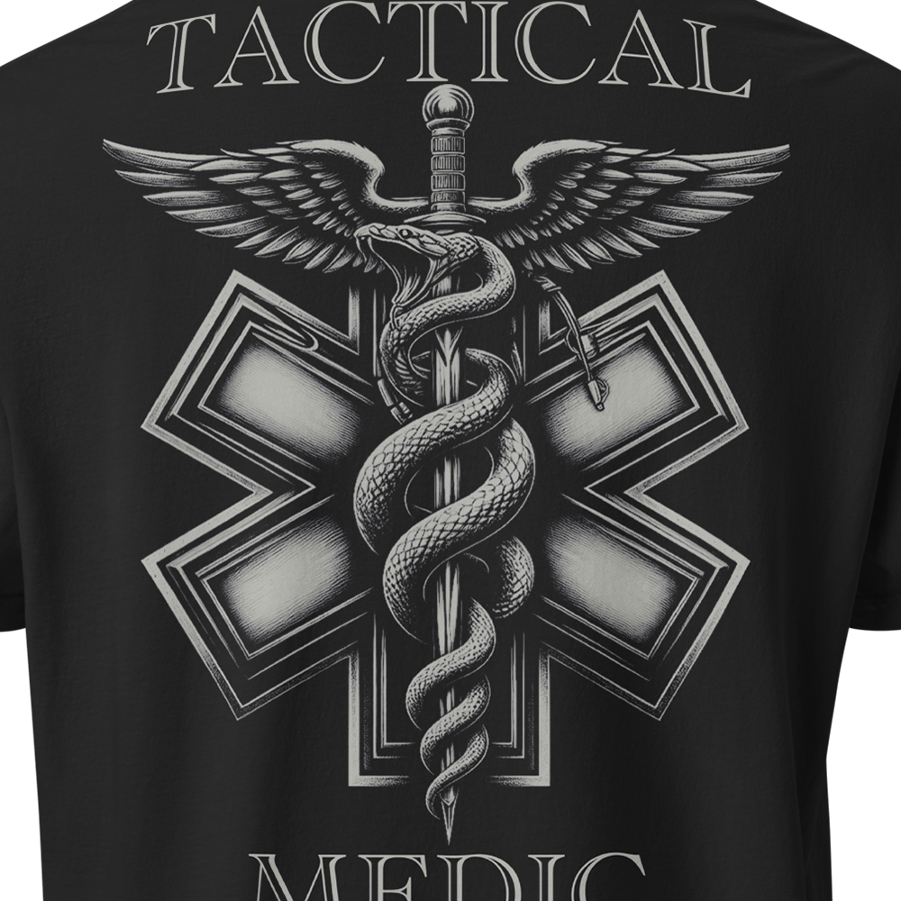 Close up of back view of Black short sleeve unisex fit classic cotton T-Shirt by Achilles Tactical Clothing Brand printed with Large Tactical Medic II design across back