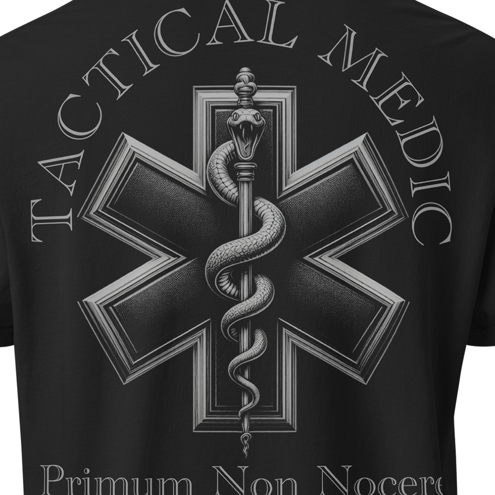 Close up of back view of Black short sleeve unisex fit classic cotton T-Shirt by Achilles Tactical Clothing Brand printed with Large Tactical Medic I First Do No Harm design across back