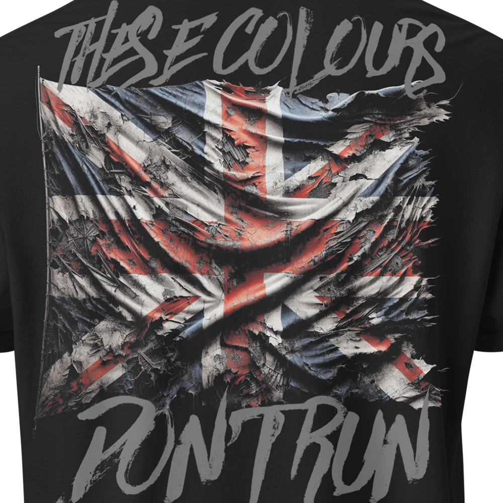 Close up of back view of Black short sleeve unisex fit classic cotton T-Shirt by Achilles Tactical Clothing Brand printed with Large These Colours Don't Run design across back