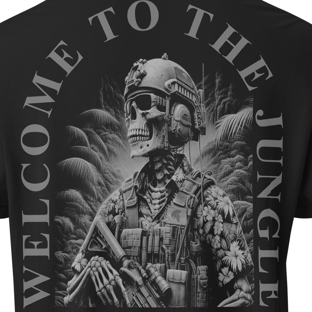 Close up of back centre of Black short sleeve unisex fit classic cotton T-Shirt by Achilles Tactical Clothing Brand printed with Large welcome to the jungle design across back