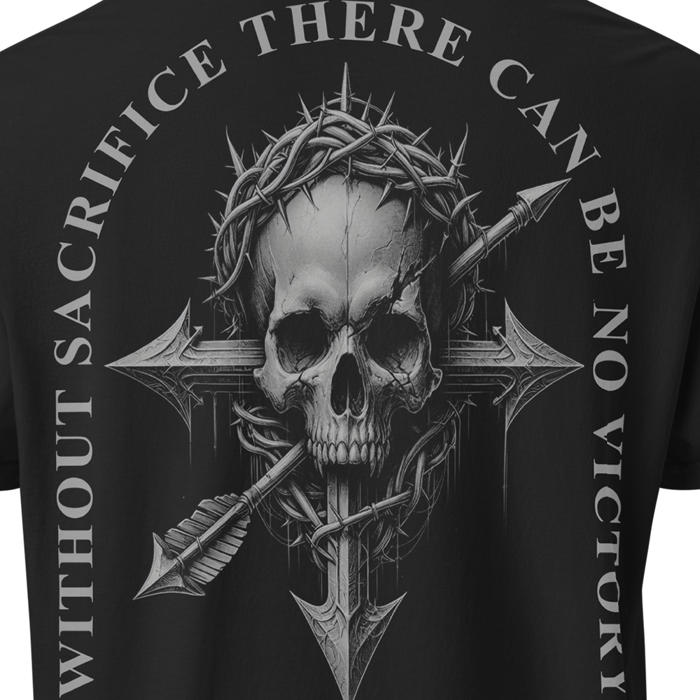 Close up of back view of Black short sleeve unisex fit classic cotton T-Shirt by Achilles Tactical Clothing Brand printed with Large Without Sacrifice design across back