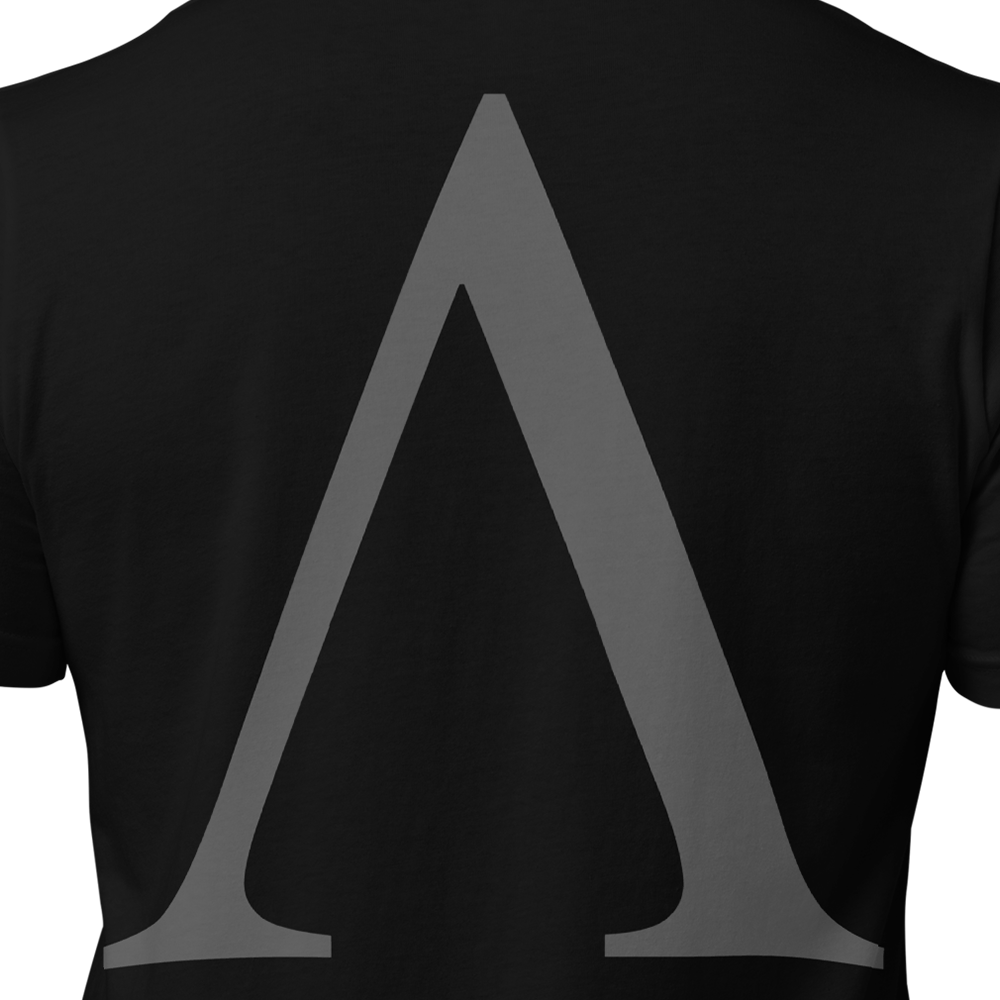 Close up of back centre of Black short sleeve unisex fit original cotton T-Shirt by Achilles Tactical Clothing Brand printed with A Brand design across back
