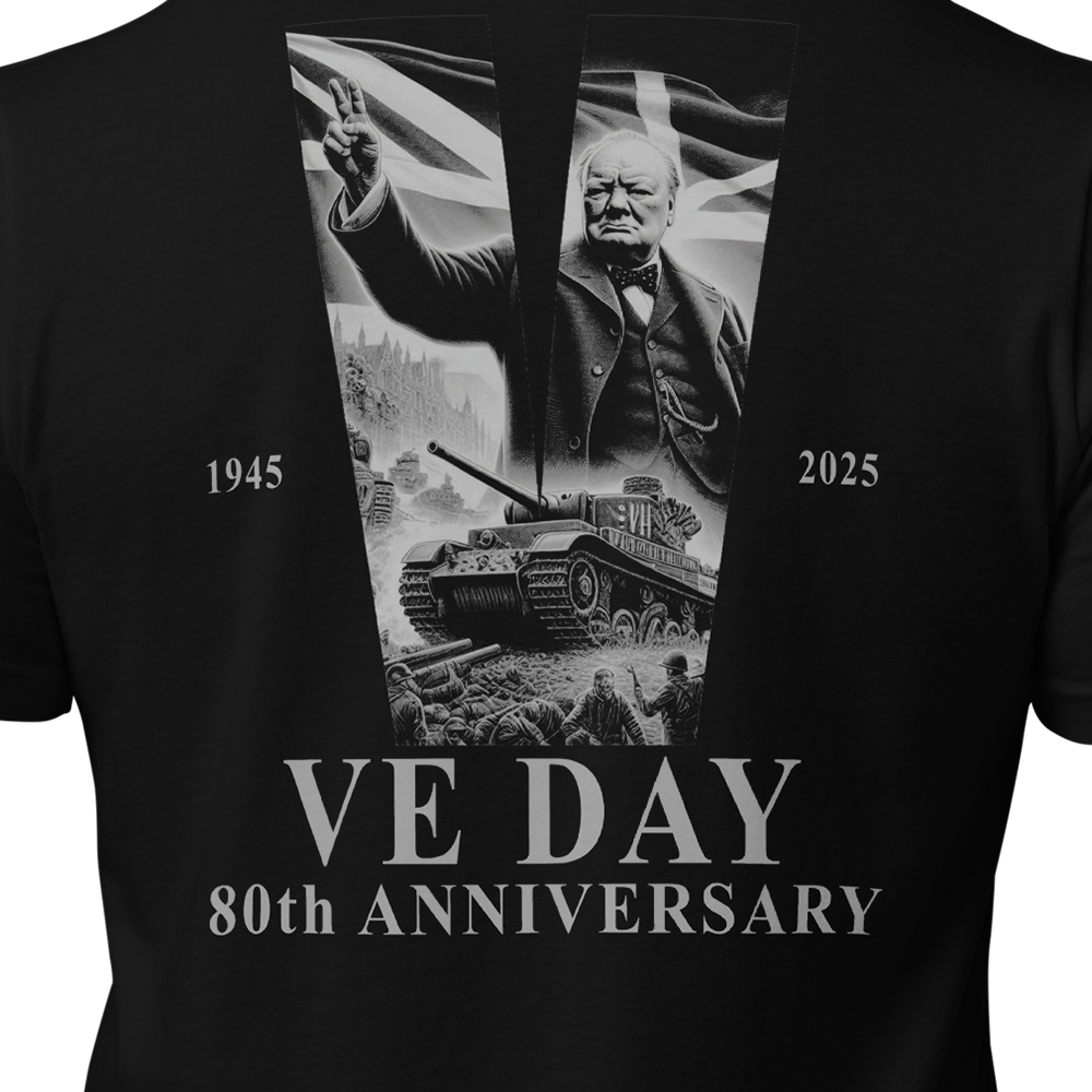 Close up of back view of Black short sleeve unisex fit original cotton T-Shirt by Achilles Tactical Clothing Brand printed with VE DAY 80 design across back